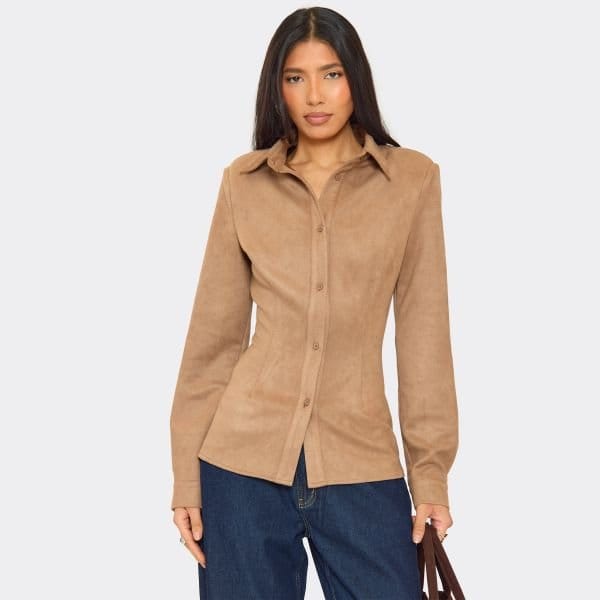 EGO Shoulder Pad Cinched Button Down Shirt In Beige Faux Suede, Women's Size UK 6 - 1