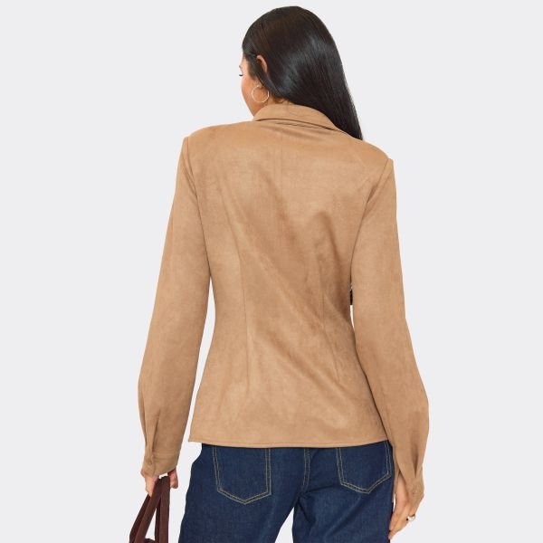 EGO Shoulder Pad Cinched Button Down Shirt In Beige Faux Suede, Women's Size UK 6 - 2