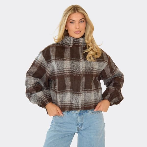 EGO Funnel Neck Bomber Jacket In Brown Brushed Check Print, Women's Size UK 6 - 1