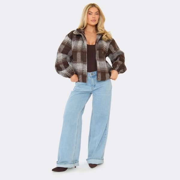 EGO Funnel Neck Bomber Jacket In Brown Brushed Check Print, Women's Size UK 6 - 2