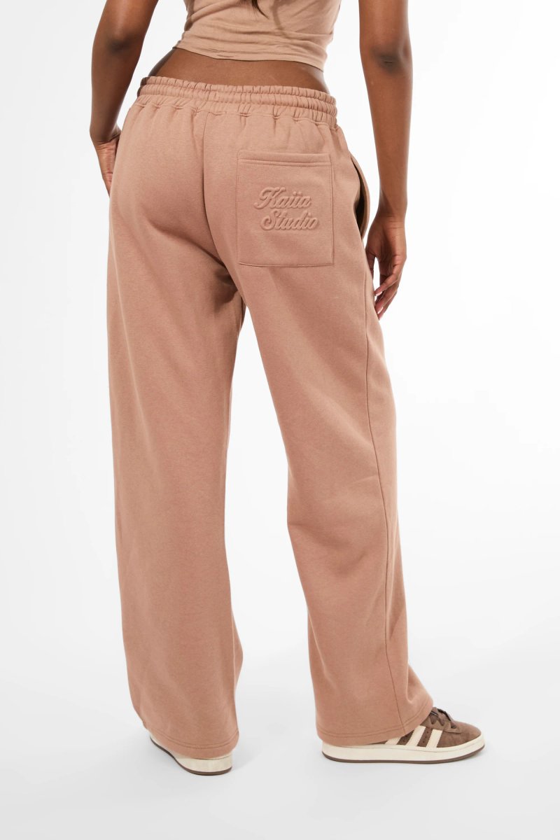 Kaiia Kaiia Studio Embossed Script Logo Wide Leg Joggers Milk Chocolate - 2