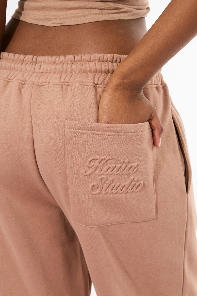 Kaiia Kaiia Studio Embossed Script Logo Wide Leg Joggers Milk Chocolate - 3