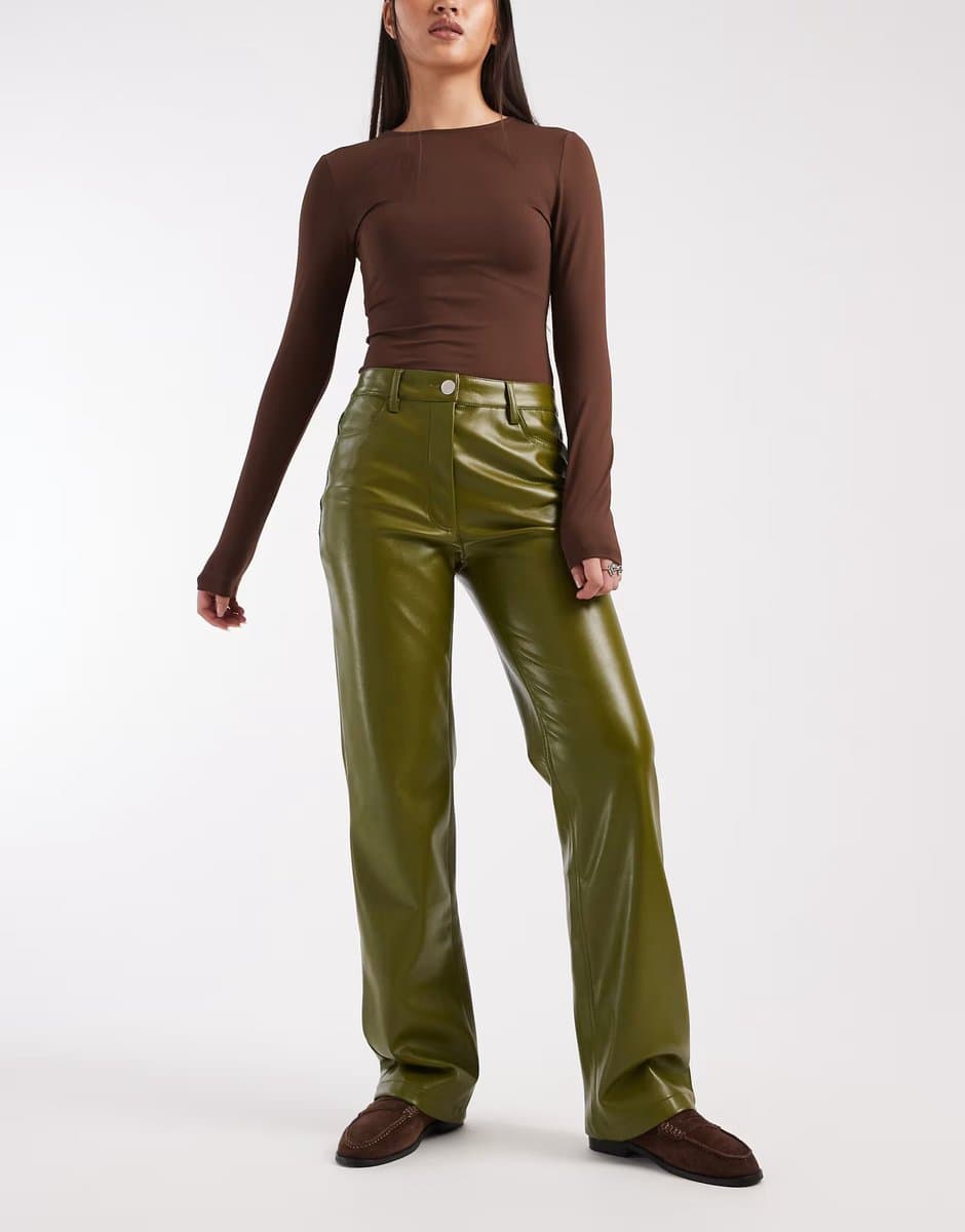 ASOS ASOS Faux Leather Straight Leg Trousers in Olive