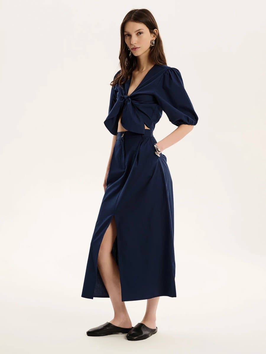 OMNES OMNES Elegant A Line Midi Skirt in Navy