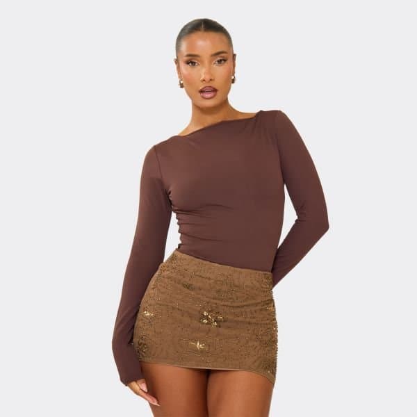 EGO EGO Elegant Floral Embellished Mini Skirt in Chocolate Brown