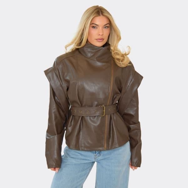 EGO Long Sleeve High Neck Belted Jacket In Chocolate Brown Faux Leather, Women's Size UK 6