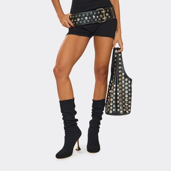 EGO Bunbun Ribbed Detail Knee High Heeled Sock Boot In Black Knit, Women's Size UK 3