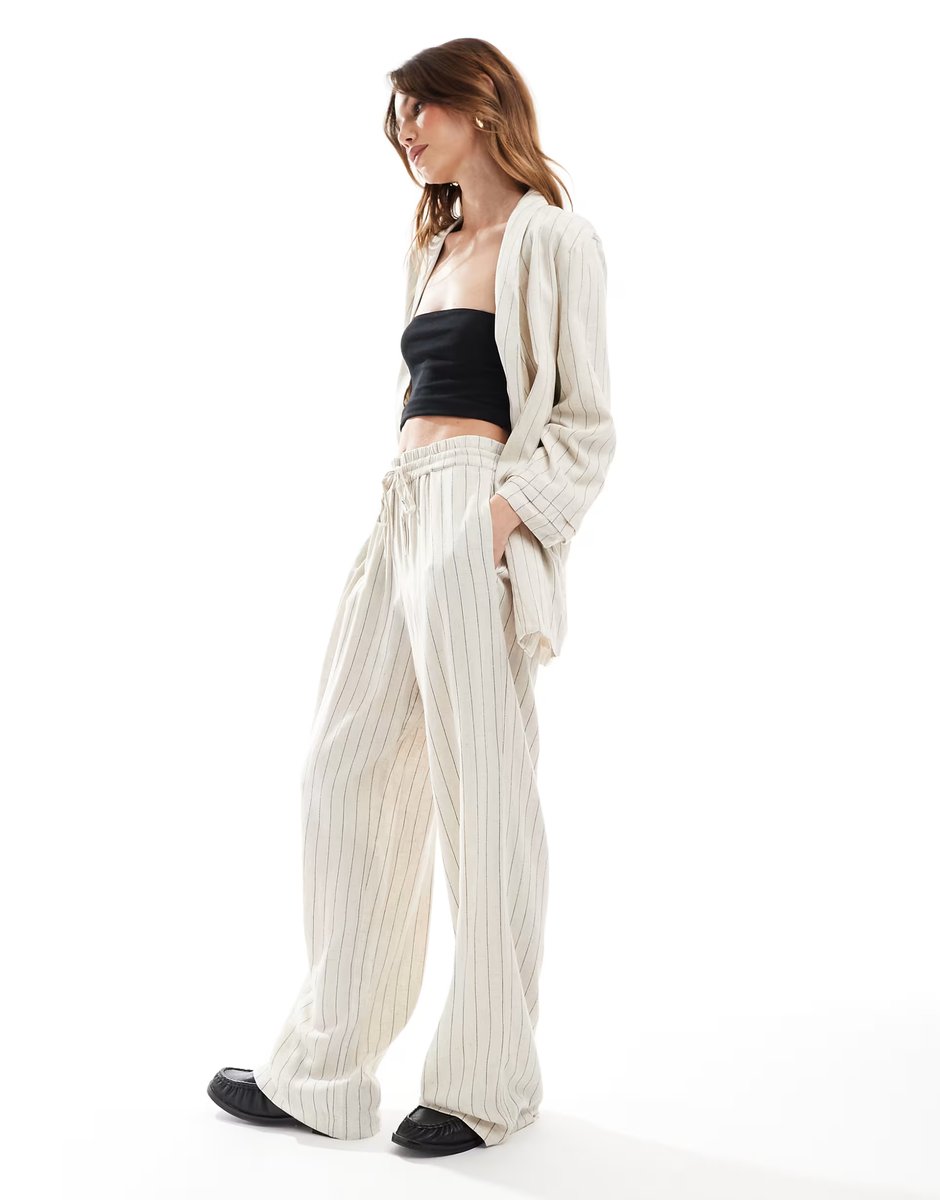 ASOS Pieces linen touch ruched sleeve blazer co-ord in birch cream and black stripe  - CREAM - 3
