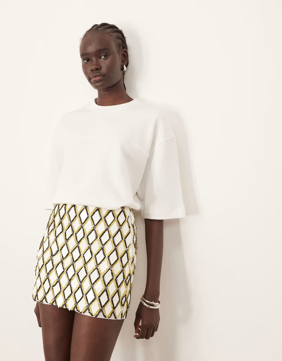 ASOS ARRANGE geometric grid embellished mini skirt in white