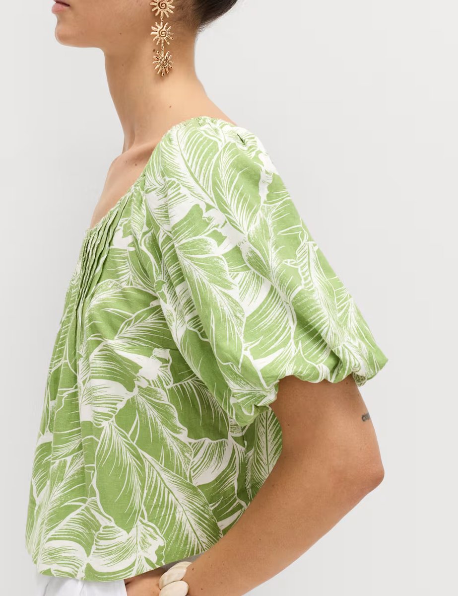 Marks & Spencer M&S Linen Rich Pleated Puff Sleeve Top Green Mix - 2