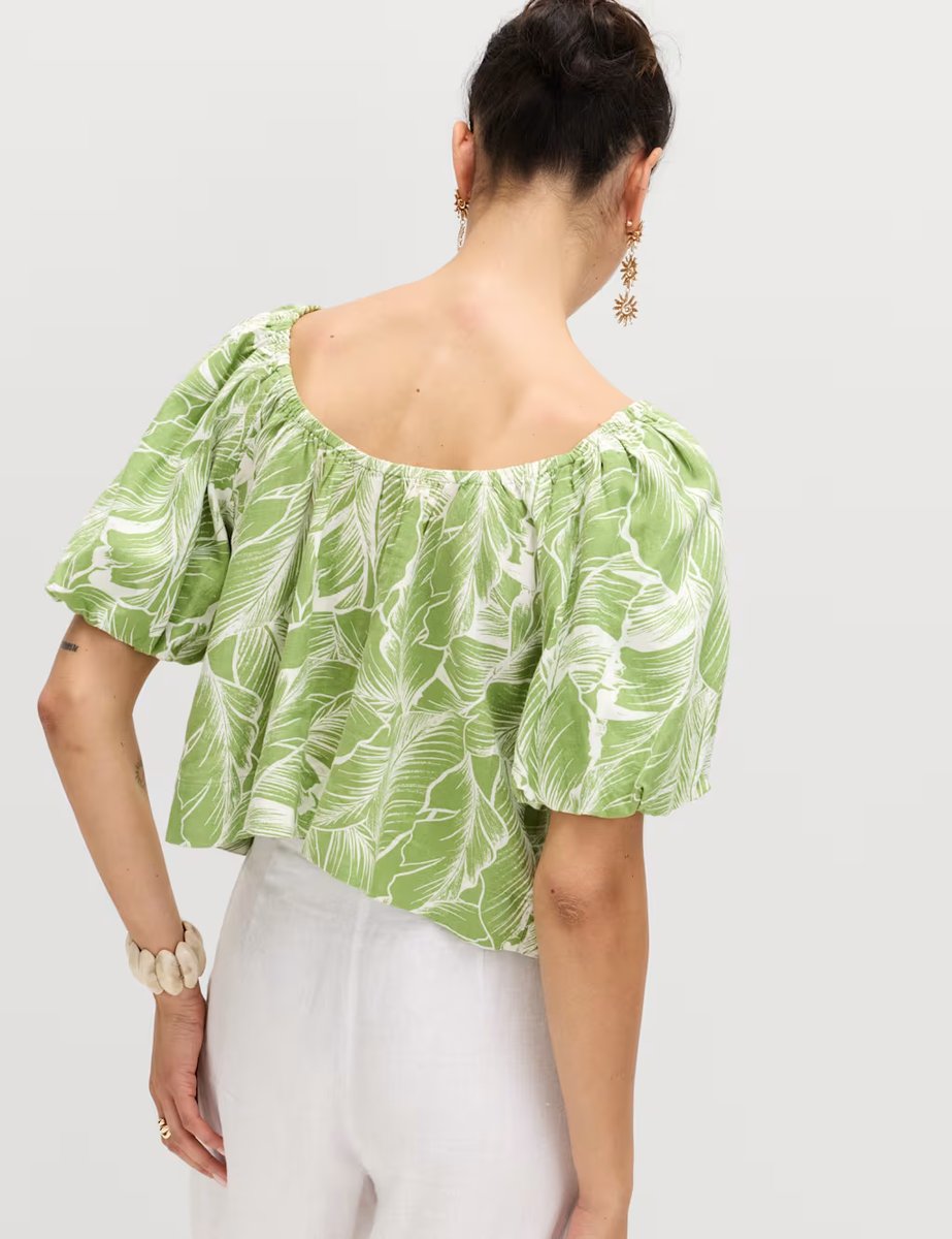 Marks & Spencer M&S Linen Rich Pleated Puff Sleeve Top Green Mix - 3