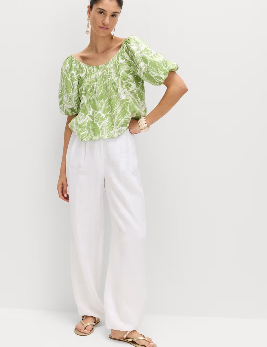 Marks & Spencer M&S Linen Rich Pleated Puff Sleeve Top Green Mix - 4