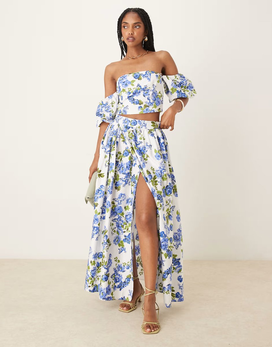 ASOS YAS off shoulder volume sleeve top co-ord in blue and white floral - 2