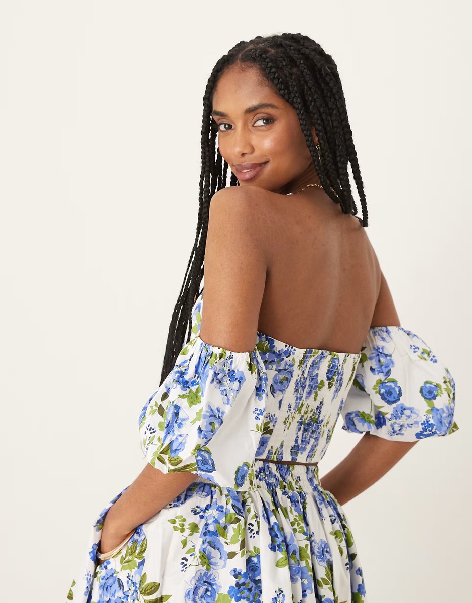 ASOS YAS off shoulder volume sleeve top co-ord in blue and white floral - 3