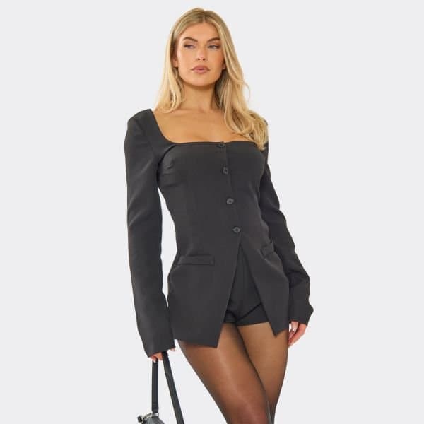 EGO Long Sleeve Square Neck Button Down Split Front Playsuit In Black, Women's Size UK 6