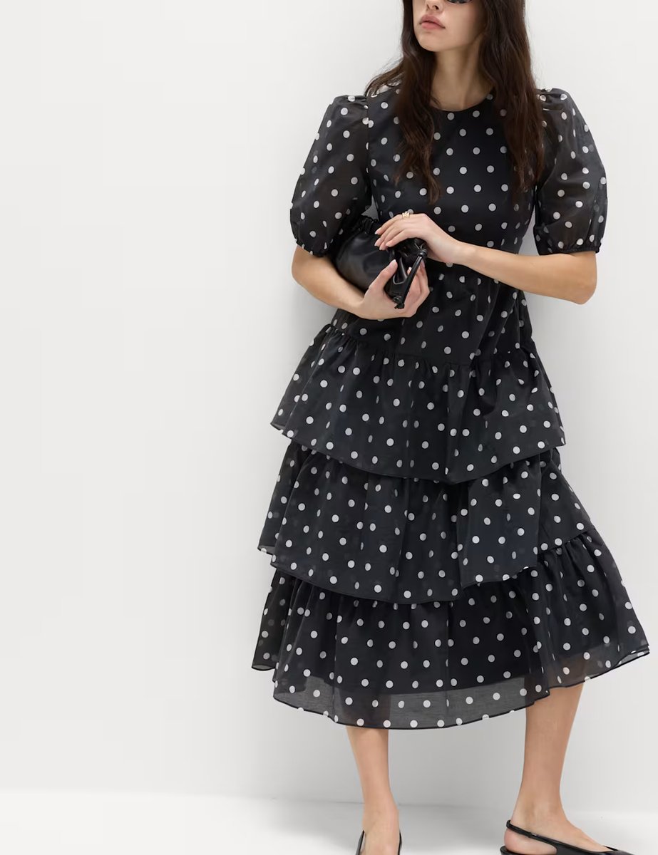 Marks & Spencer M&S Lyocell Rich Polka Dot Midi Tiered Dress Black Mix - 2