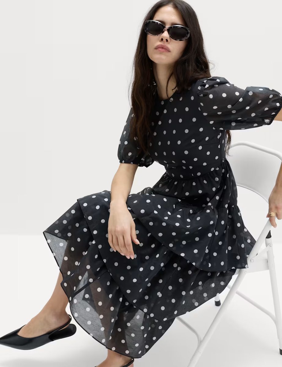 Marks & Spencer M&S Lyocell Rich Polka Dot Midi Tiered Dress Black Mix - 4