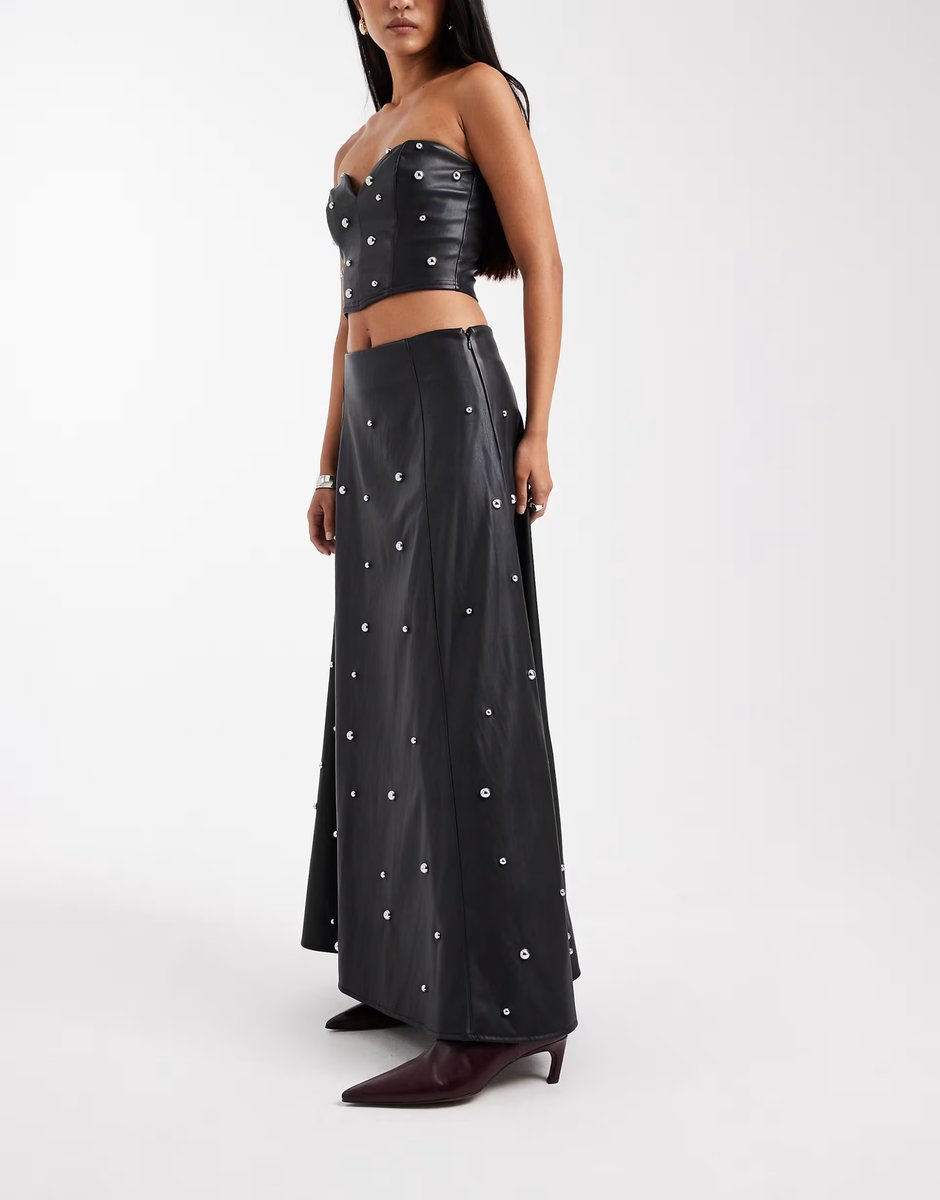 ASOS Miss Selfridge faux leather studded maxi skirt in black - 2