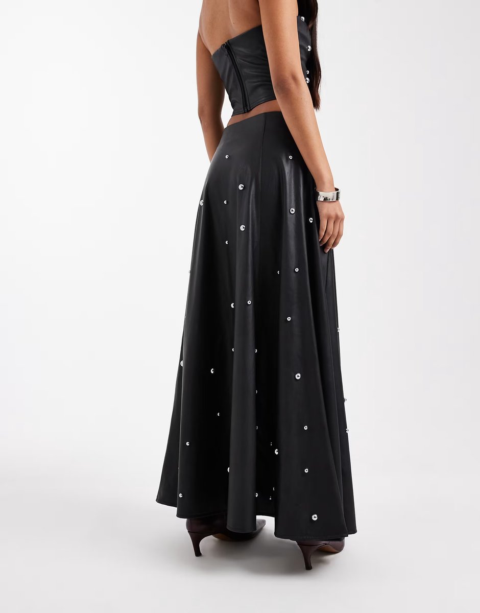 ASOS Miss Selfridge faux leather studded maxi skirt in black - 3