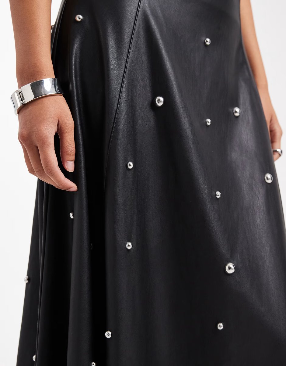 ASOS Miss Selfridge faux leather studded maxi skirt in black - 4
