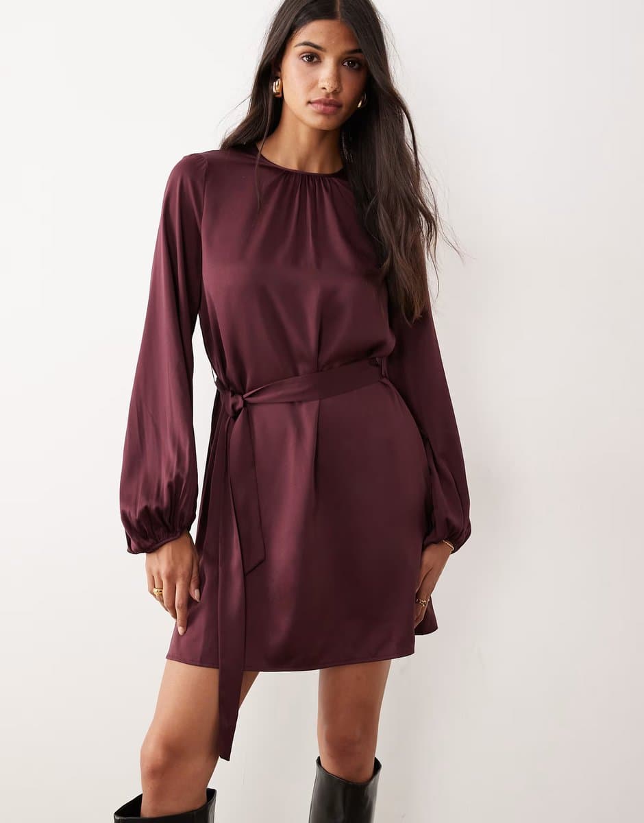 ASOS Vila balloon sleeve satin tie waist mini dress in burgundy