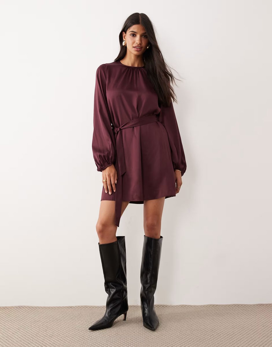 ASOS Vila balloon sleeve satin tie waist mini dress in burgundy - 2