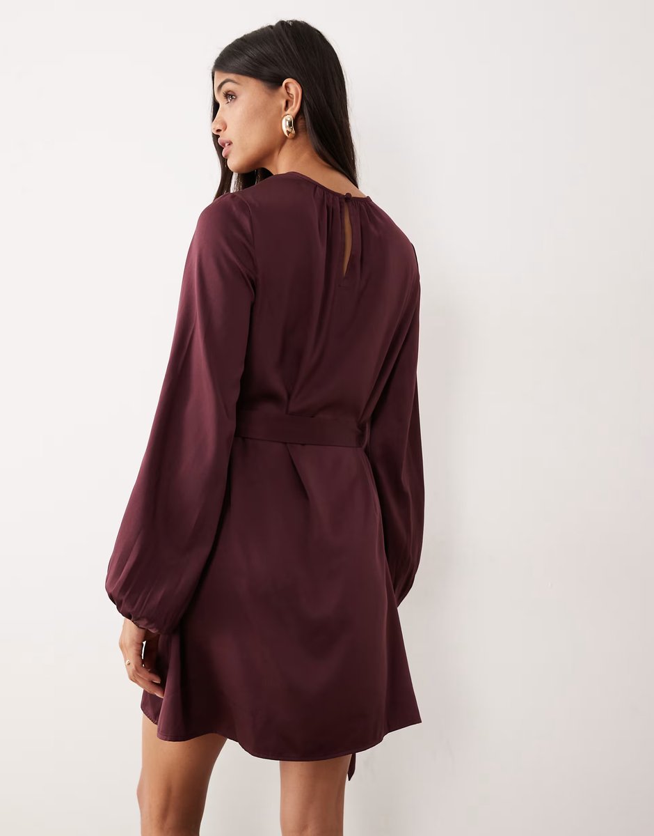 ASOS Vila balloon sleeve satin tie waist mini dress in burgundy - 3