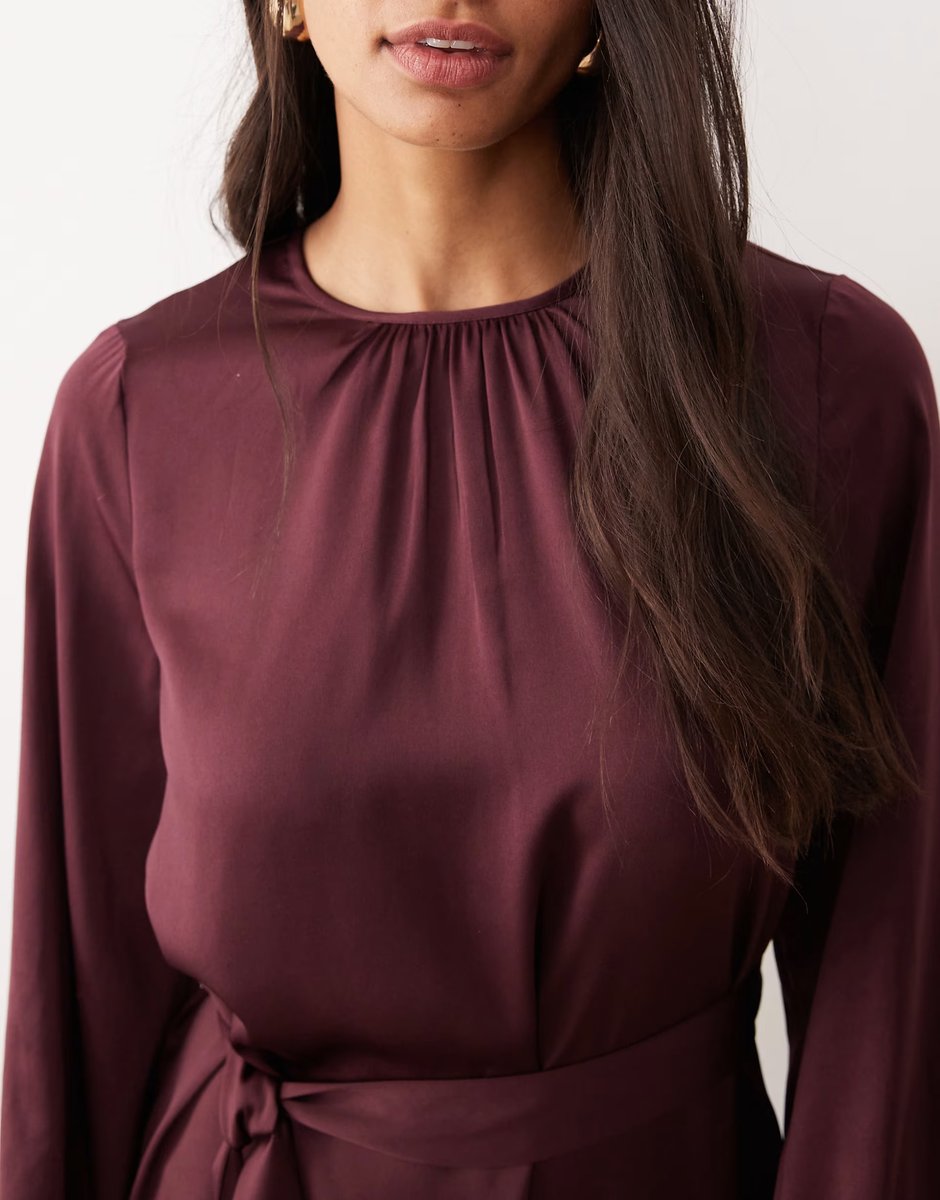 ASOS Vila balloon sleeve satin tie waist mini dress in burgundy - 4