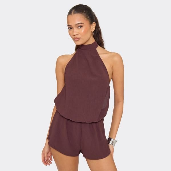 EGO High Neck Cut Out Side Open Back Playsuit In Chocolate Brown, Women's Size UK 6 - 1