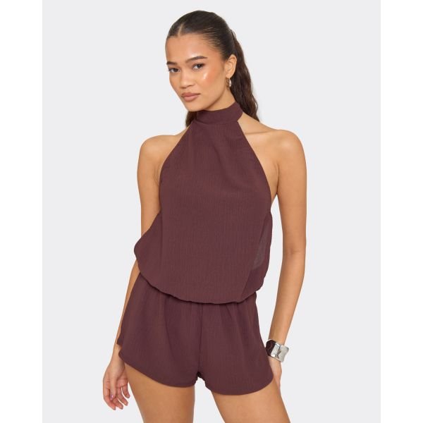 EGO High Neck Cut Out Side Open Back Playsuit In Chocolate Brown, Women's Size UK 6 - 2