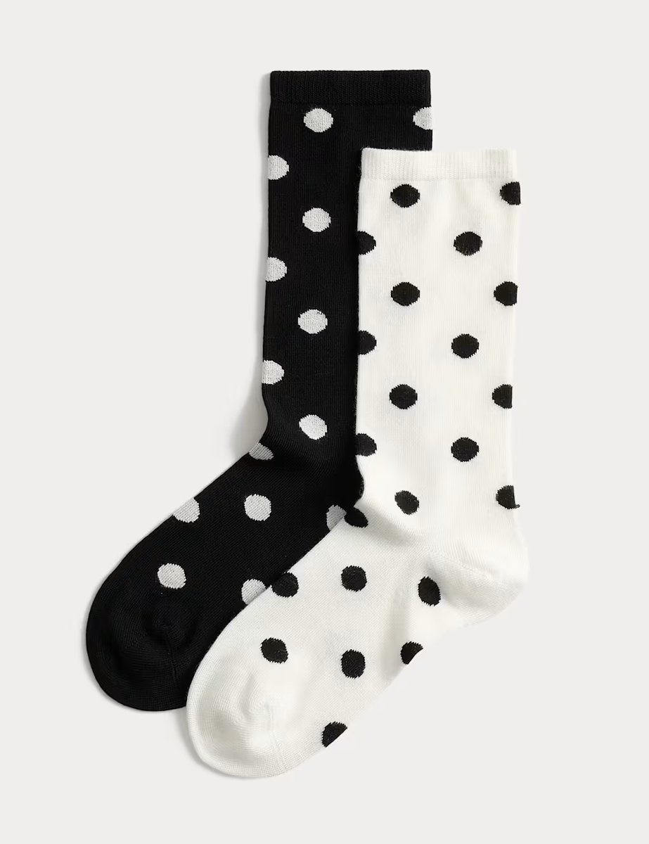 Marks & Spencer M&S 2 Pack Supersoft Spot Print Crew Socks Ivory Mix - 2
