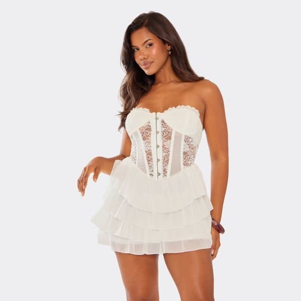 EGO Bandeau Frill Hem Lace Corset Detail Mini Dress In White, Women's Size UK 6