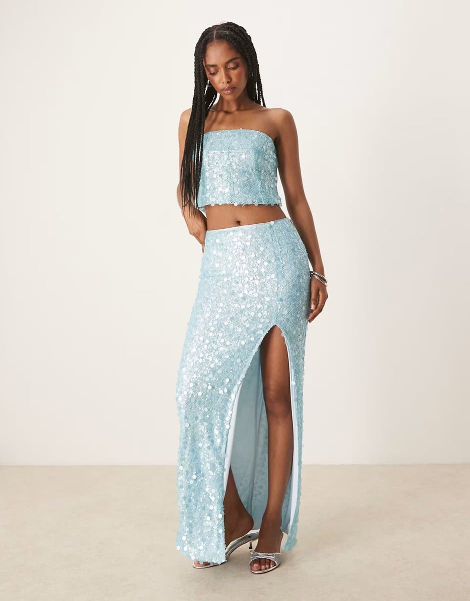 ASOS Amy Lynn disc sequin cropped bandeau top and maxi skirt co-ord in aqua blue