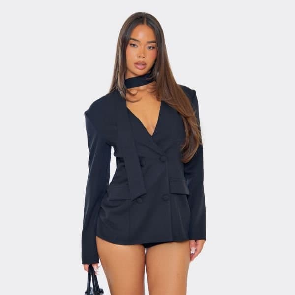 EGO Tie Neck Plunge Blazer Detail Playsuit In Black, Women's Size UK 8