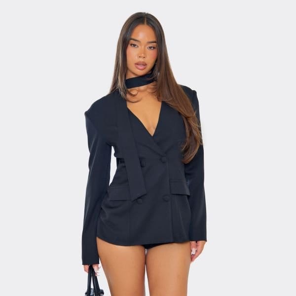 EGO Tie Neck Plunge Blazer Detail Playsuit In Black, Women's Size UK 8 - 1