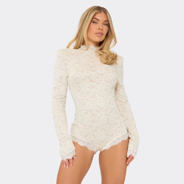 EGO High Neck Long Sleeve Lace Trim Detail Playsuit In Cream Lace, Women's Size UK 6 - 1
