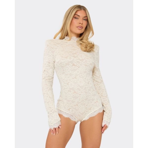 EGO High Neck Long Sleeve Lace Trim Detail Playsuit In Cream Lace, Women's Size UK 6 - 2