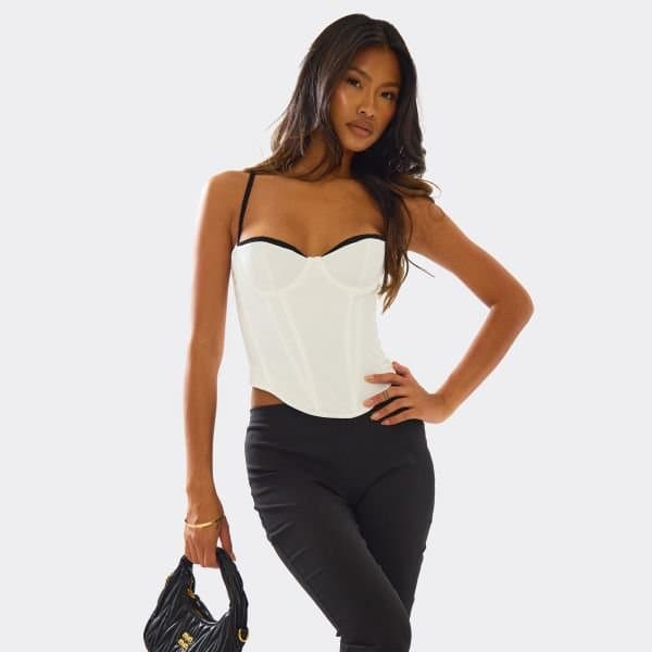 EGO Strappy Contrast Trim Bust Detail Corset Top In White, Women's Size UK 10
