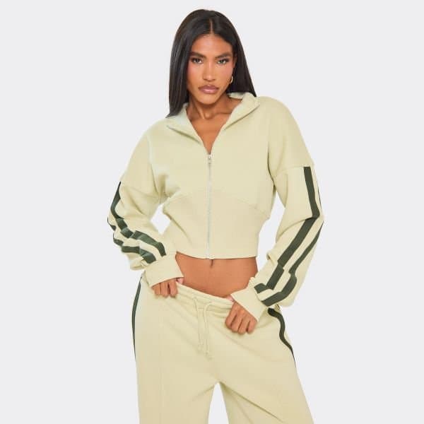 EGO Contrast Panel Detail Cinched Waist Zip Up Jacket In Sage Green, Women's Size UK 4