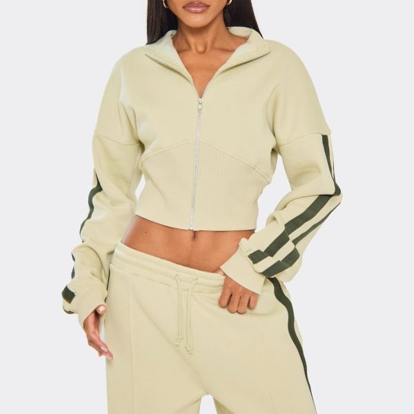 EGO Contrast Panel Detail Cinched Waist Zip Up Jacket In Sage Green, Women's Size UK 4 - 2