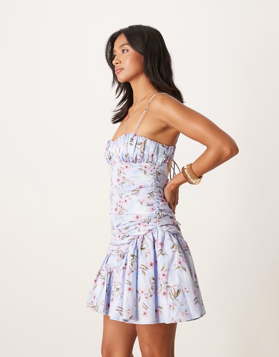 ASOS ASOS DESIGN Petite cami ruched bust full skirt mini dress in blue floral print - 3