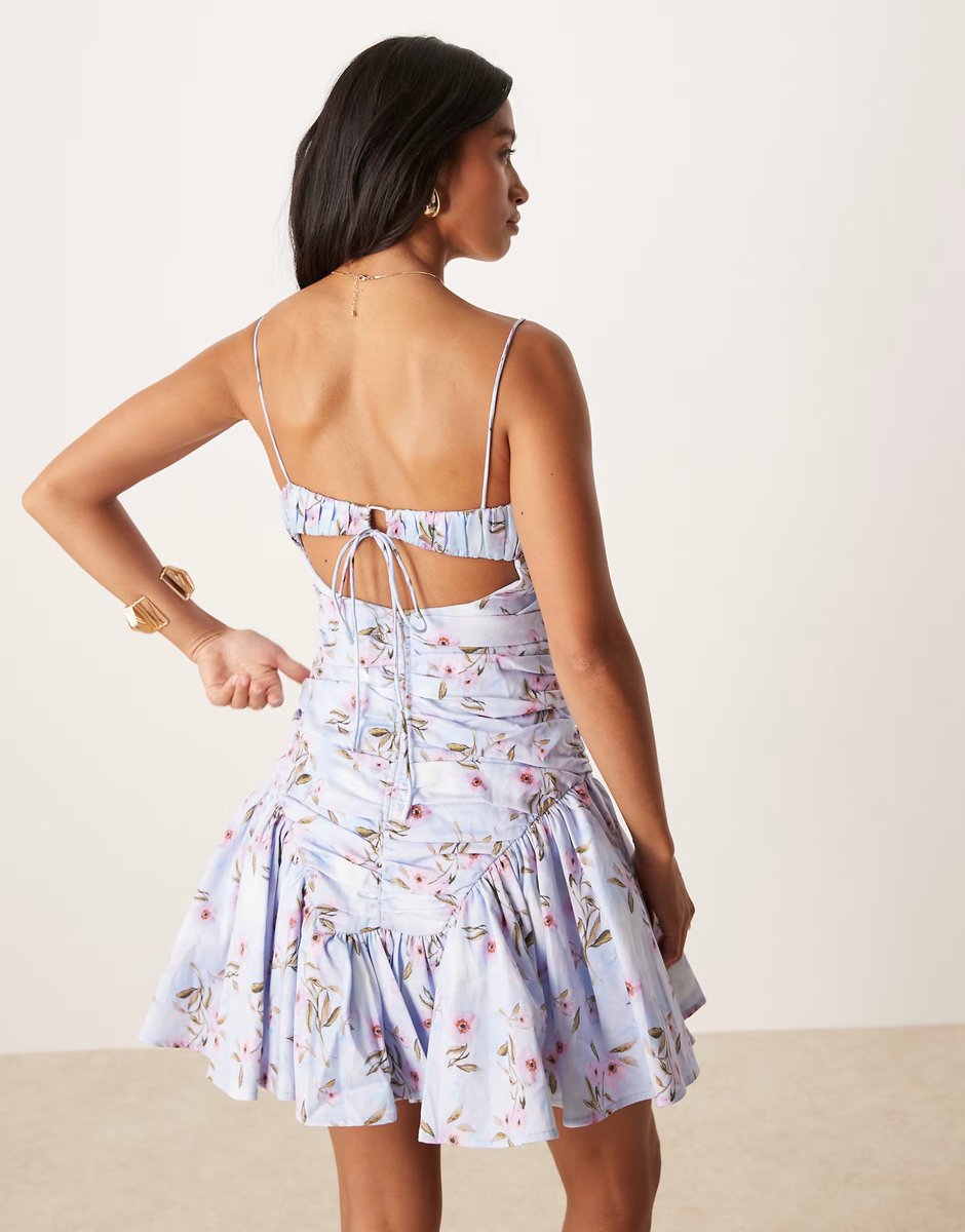 ASOS ASOS DESIGN Petite cami ruched bust full skirt mini dress in blue floral print - 4