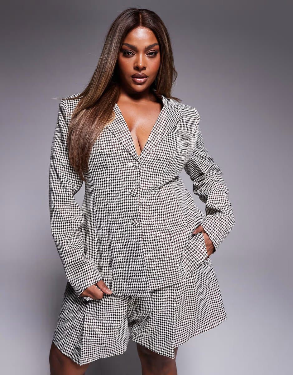 ASOS ASOS LUXE Curve co-ord houndstooth blazer with bow back in brown sequin