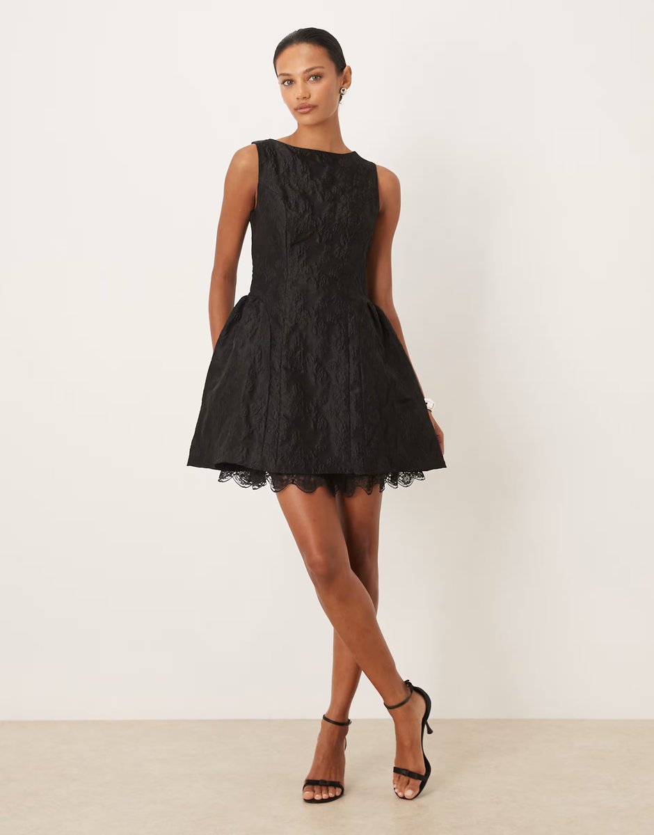 ASOS Sister Jane Screenplay jacquard boat neck volume lace underskirt mini dress in black - 1
