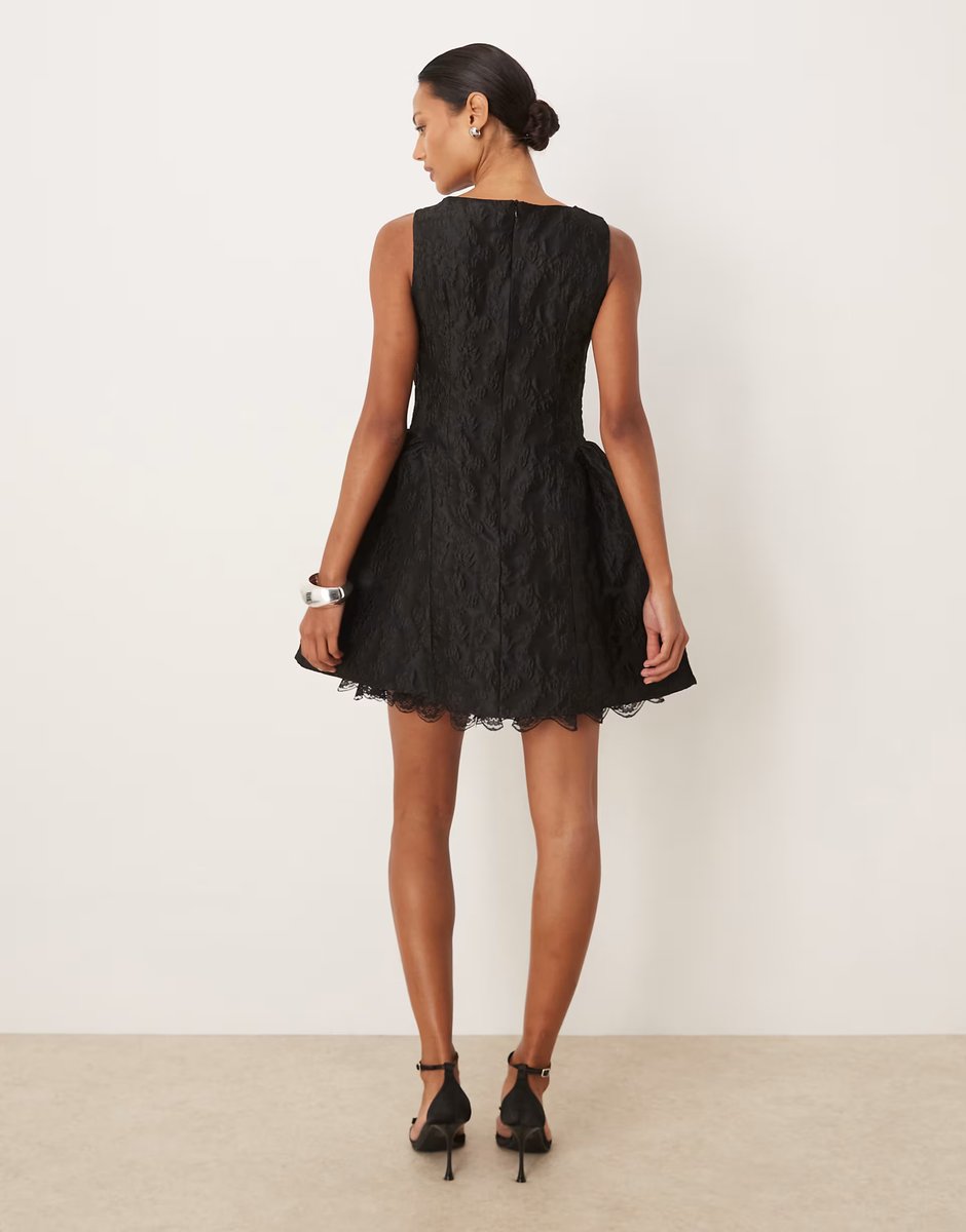 ASOS Sister Jane Screenplay jacquard boat neck volume lace underskirt mini dress in black - 3