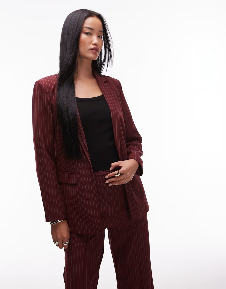 ASOS Pieces tailored blazer co-ord in burgundy pinstripe