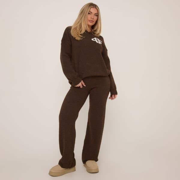 EGO High Waist Wide Leg Trousers In Brown Premium Knit, Women's Size UK Medium M