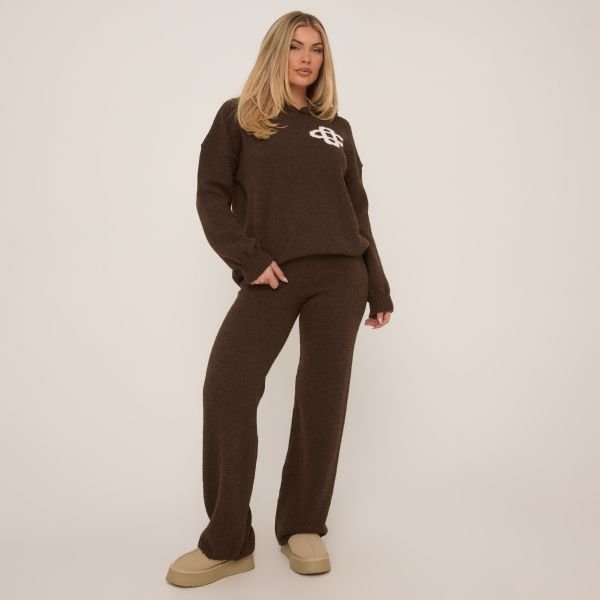 EGO High Waist Wide Leg Trousers In Brown Premium Knit, Women's Size UK Medium M - 2