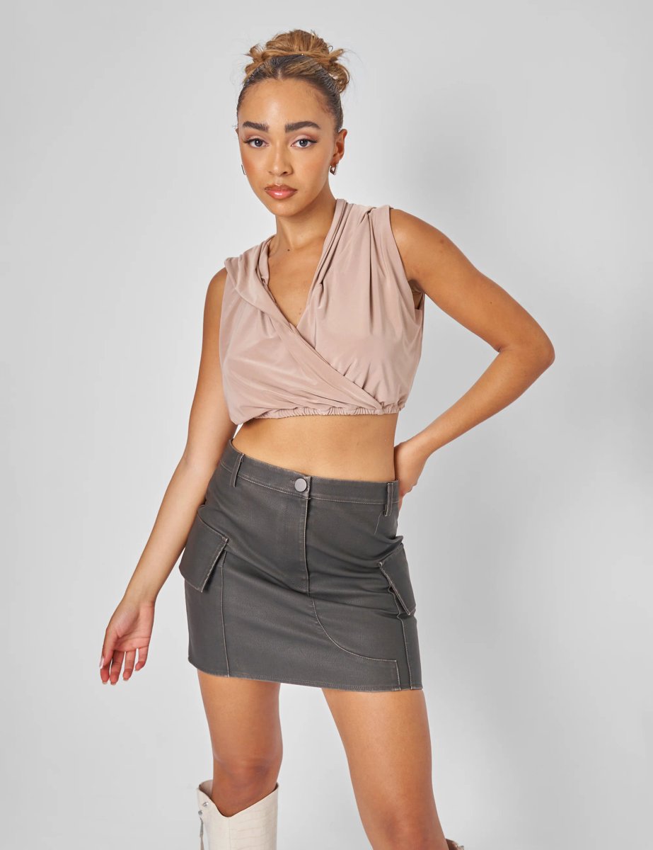 Public Desire Sleeveless Wrap Front Top With Hood Stone - 2