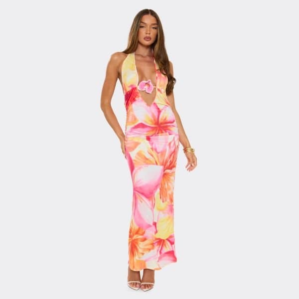 EGO Plunge Open Back Flower Trim Detail Maxi Dress In Multi Floral Print, Women's Size UK 6